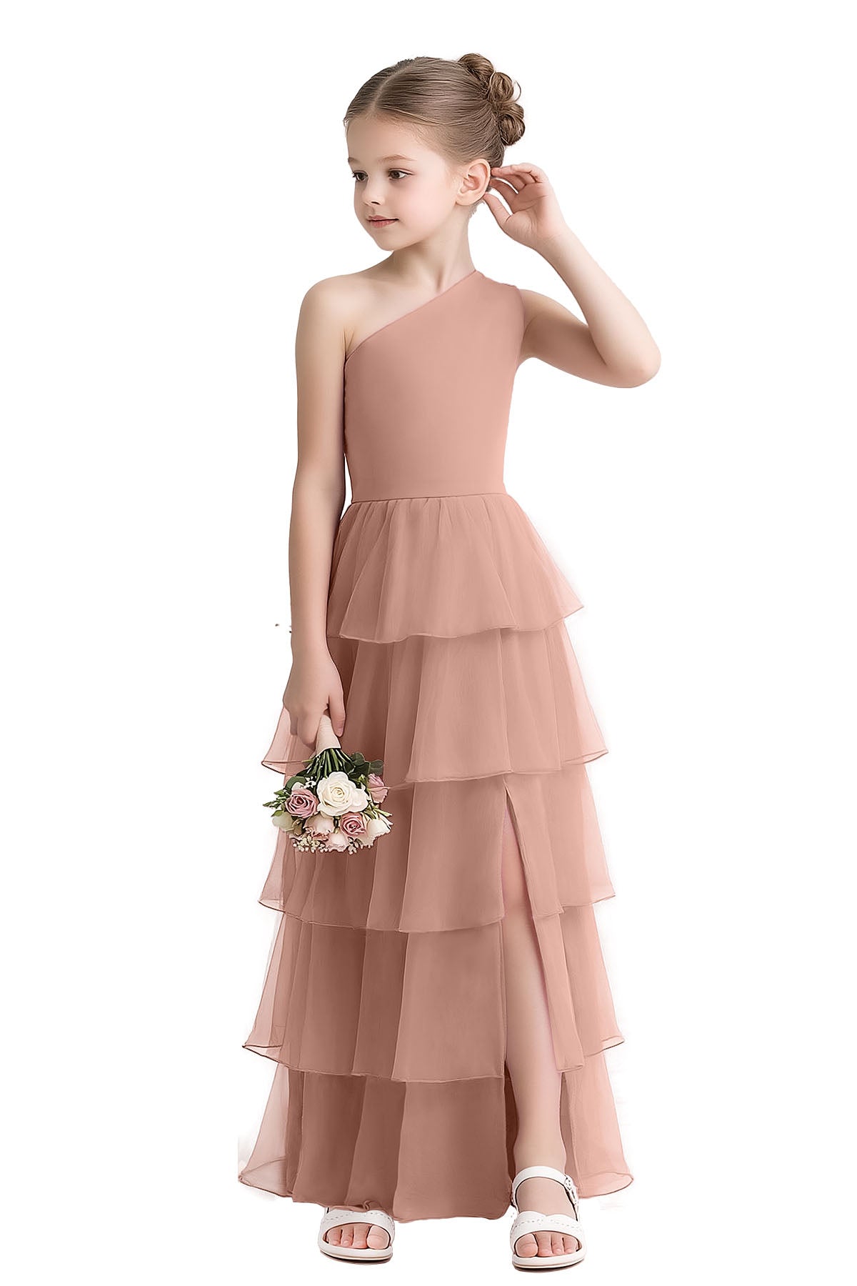 Dusty Pink One Shoulder Chiffon Tiered Cake Side Slit Dress