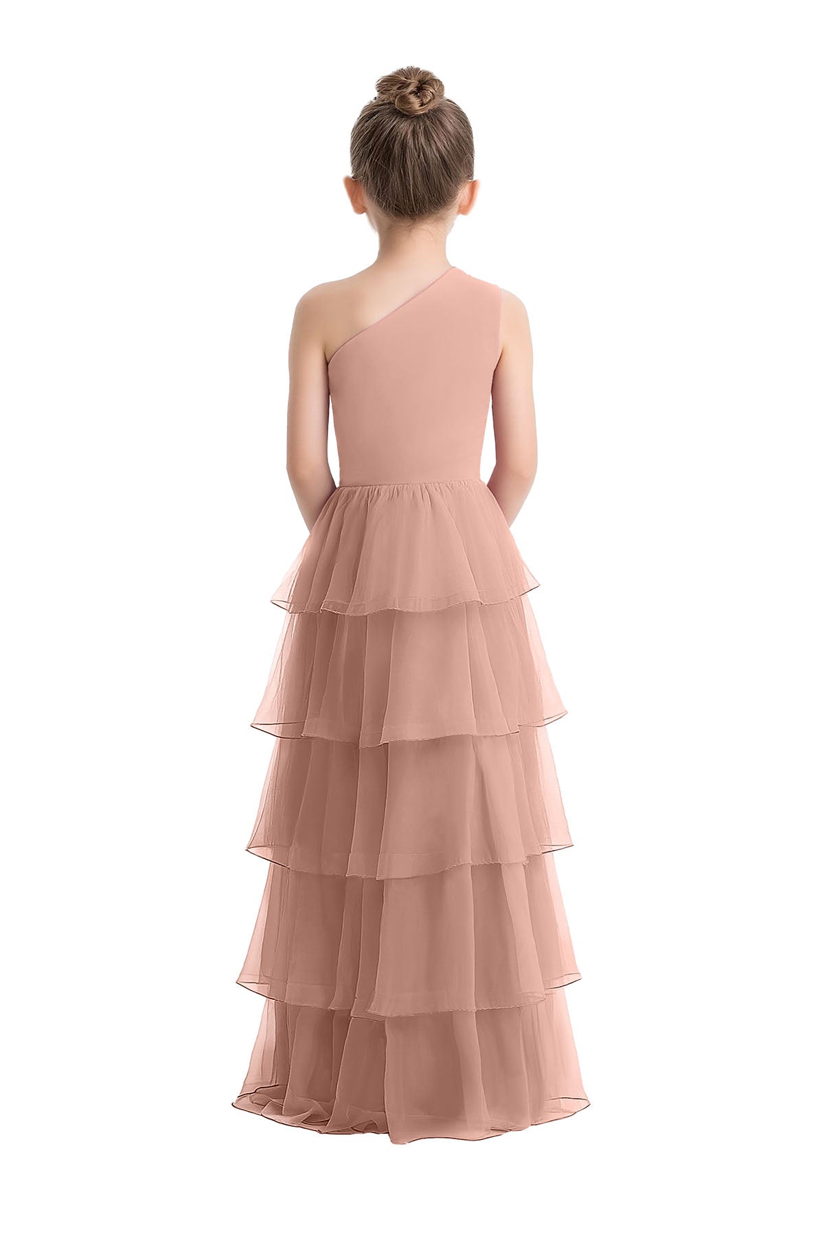 Dusty Pink One Shoulder Chiffon Tiered Cake Side Slit Dress
