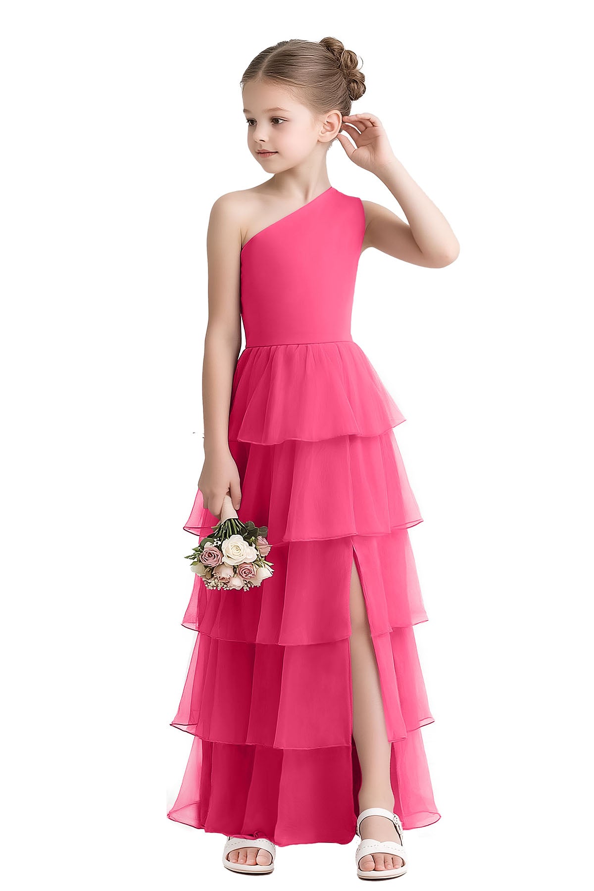 Dusty Pink One Shoulder Chiffon Tiered Cake Side Slit Dress