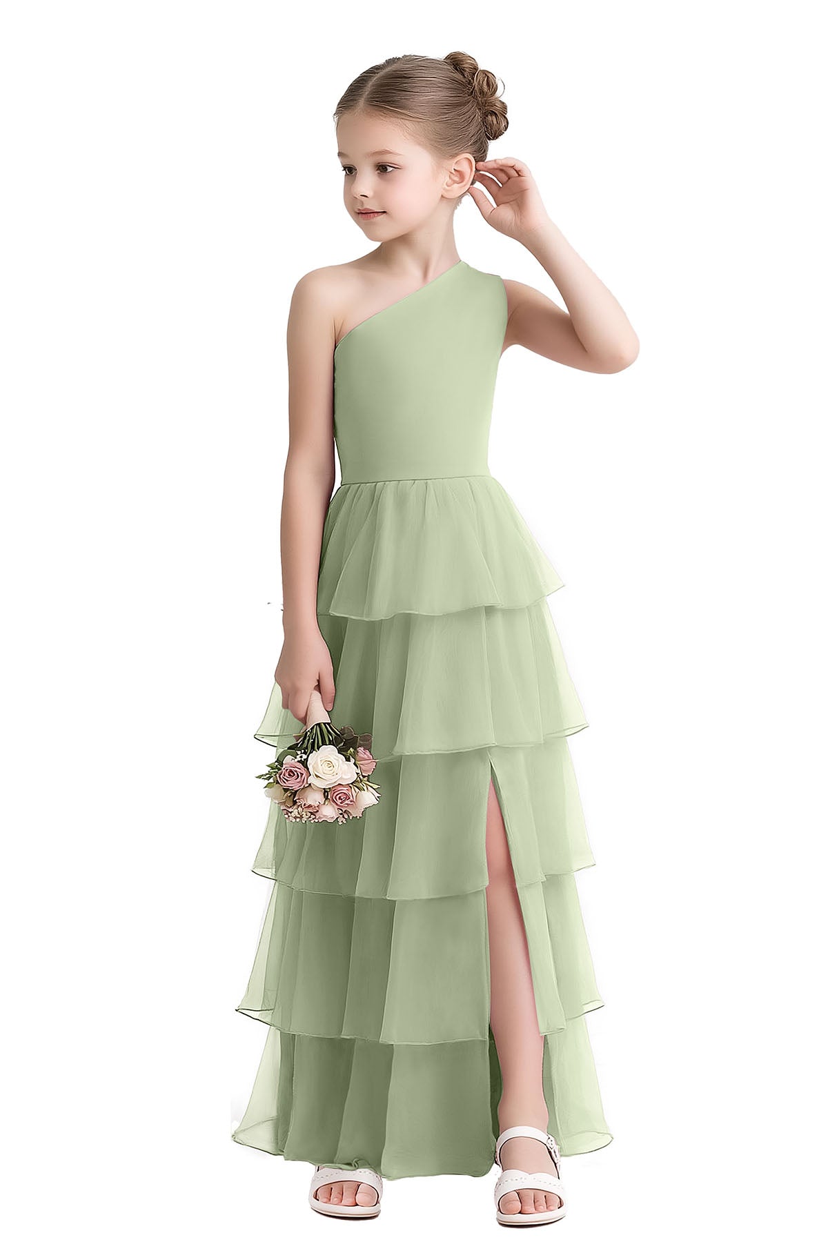 Dusty Pink One Shoulder Chiffon Tiered Cake Side Slit Dress