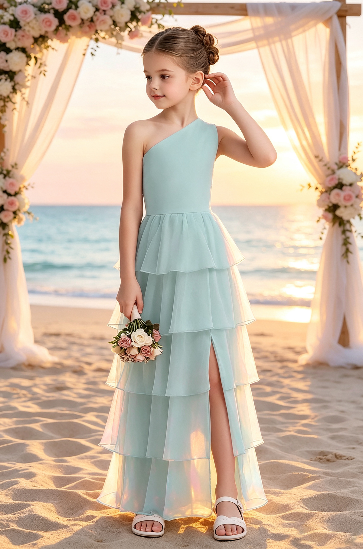 Dusty Pink One Shoulder Chiffon Tiered Cake Side Slit Dress