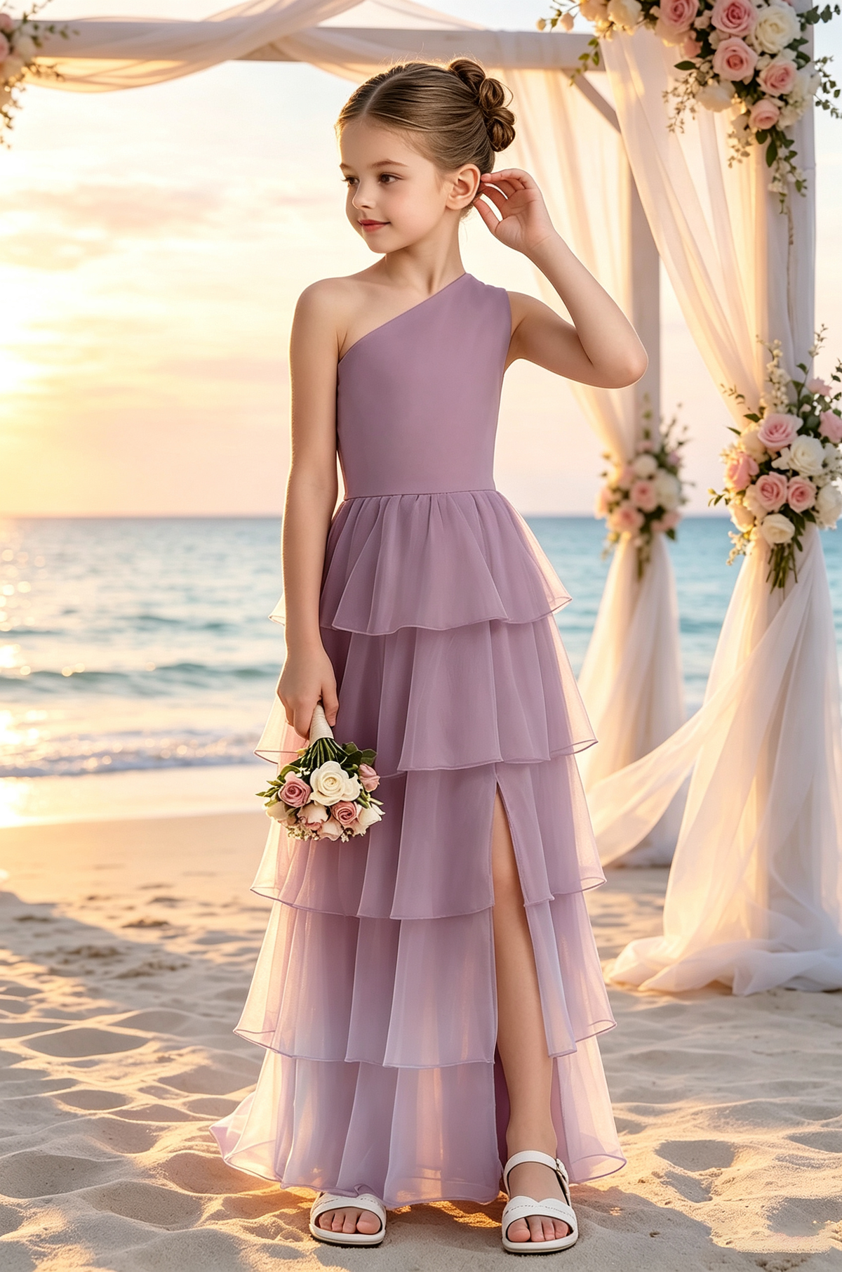Dusty Pink One Shoulder Chiffon Tiered Cake Side Slit Dress