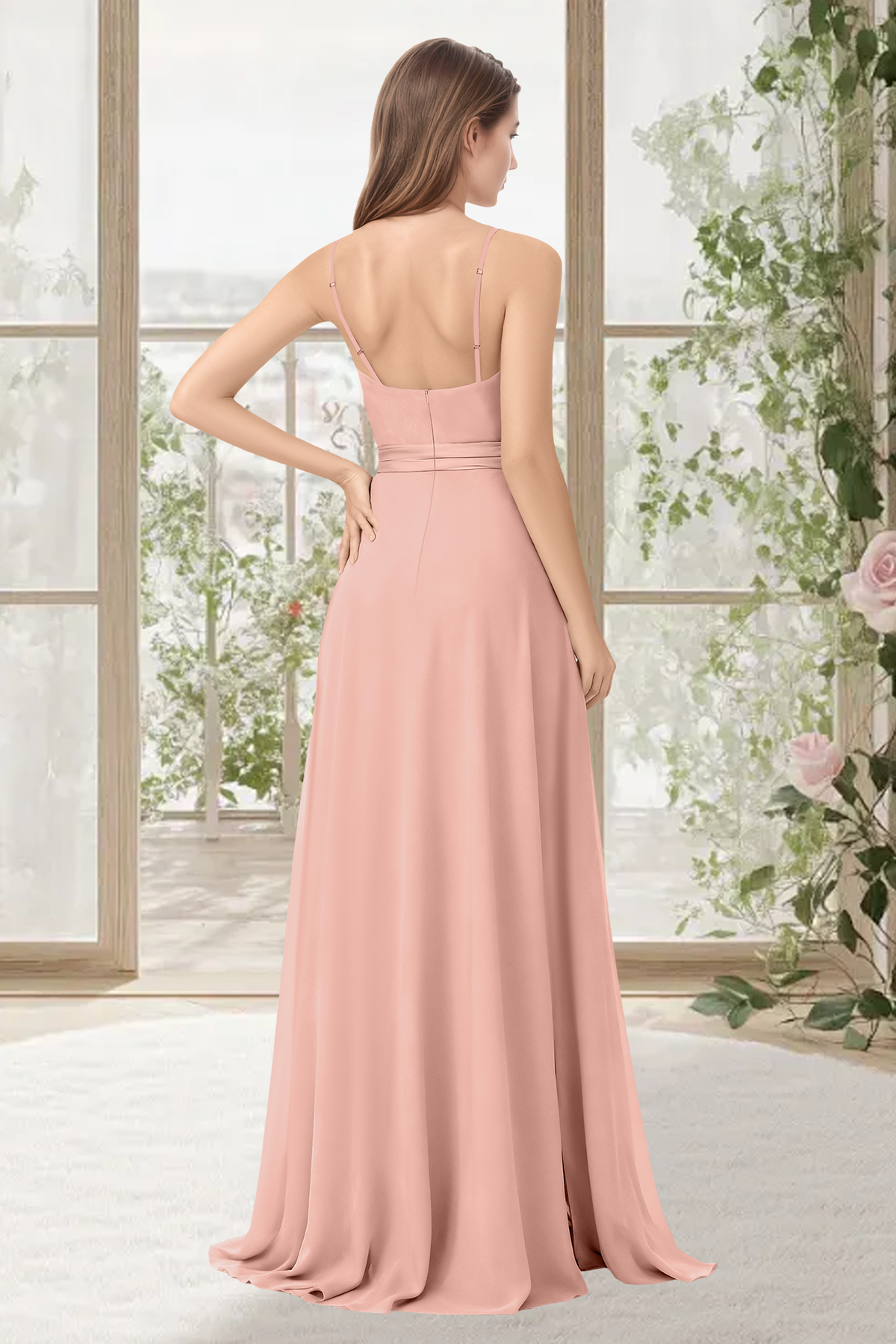 Blush Pink Chiffon Adjustable Spaghetti Strap Pleated Waist High Slit Dress