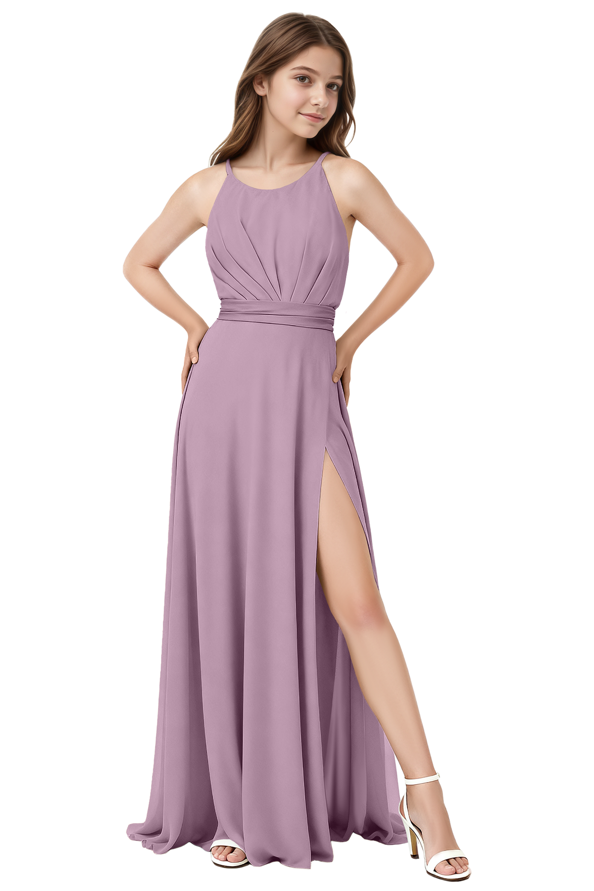 Blush Pink Chiffon Adjustable Spaghetti Strap Pleated Waist High Slit Dress