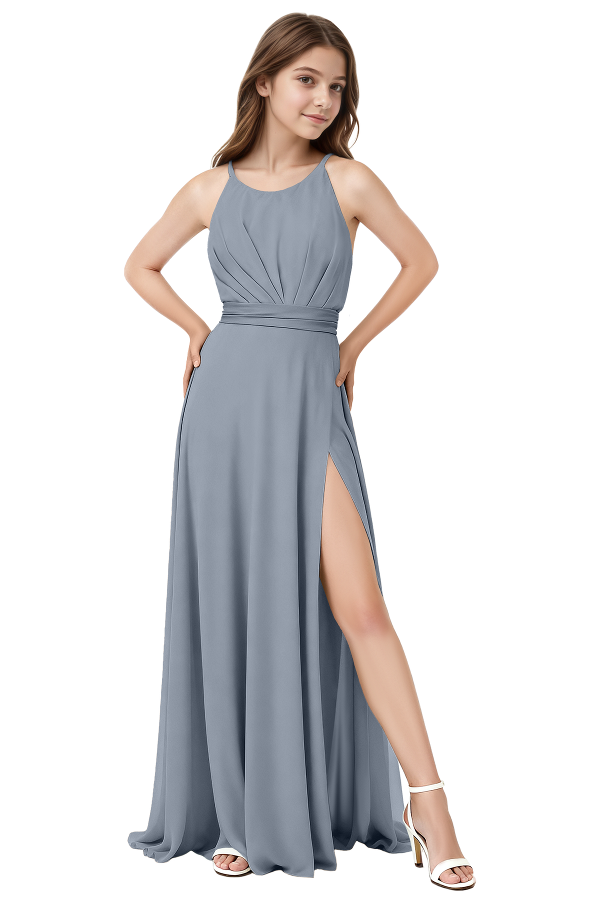 Blush Pink Chiffon Adjustable Spaghetti Strap Pleated Waist High Slit Dress