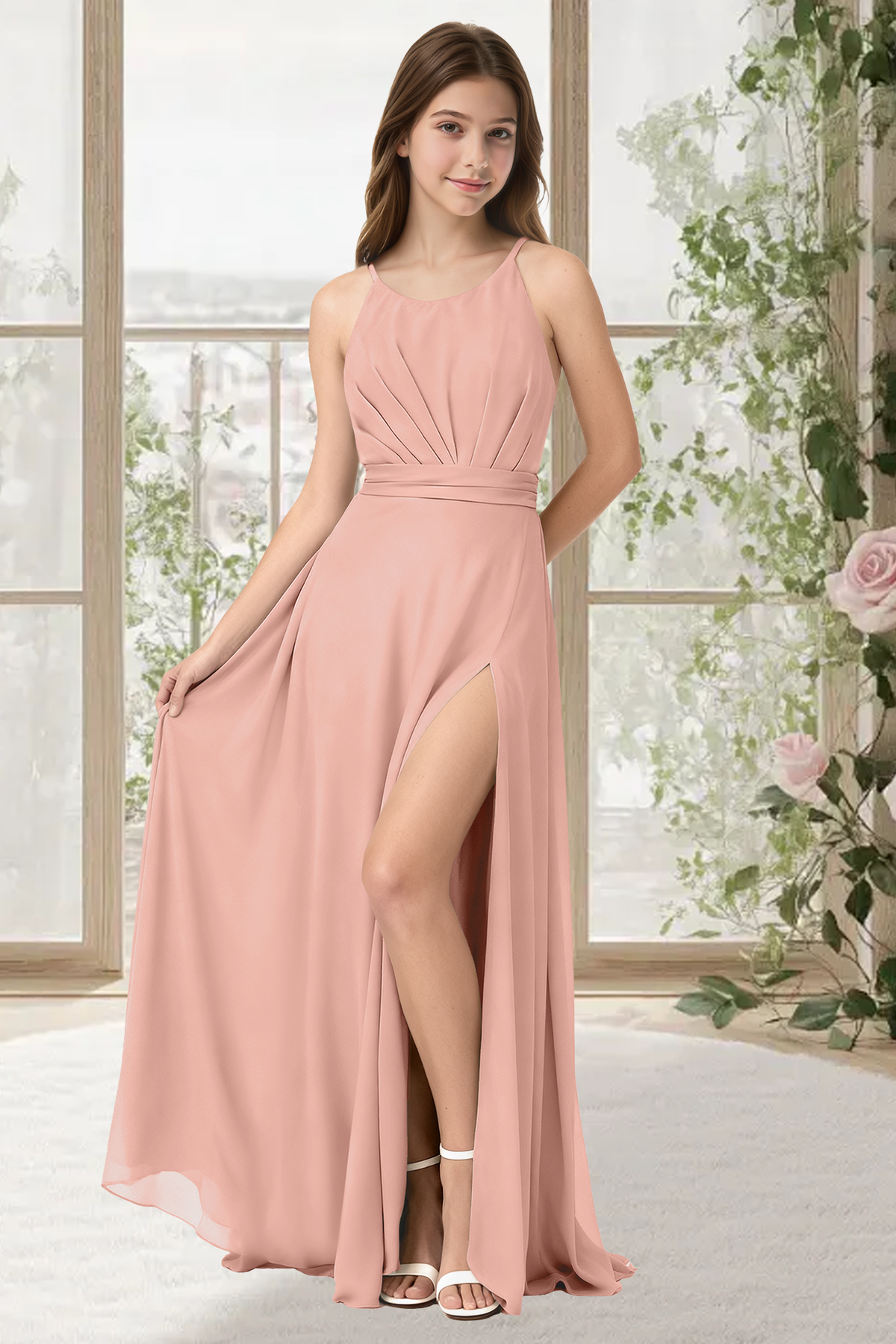 Blush Pink Chiffon Adjustable Spaghetti Strap Pleated Waist High Slit Dress