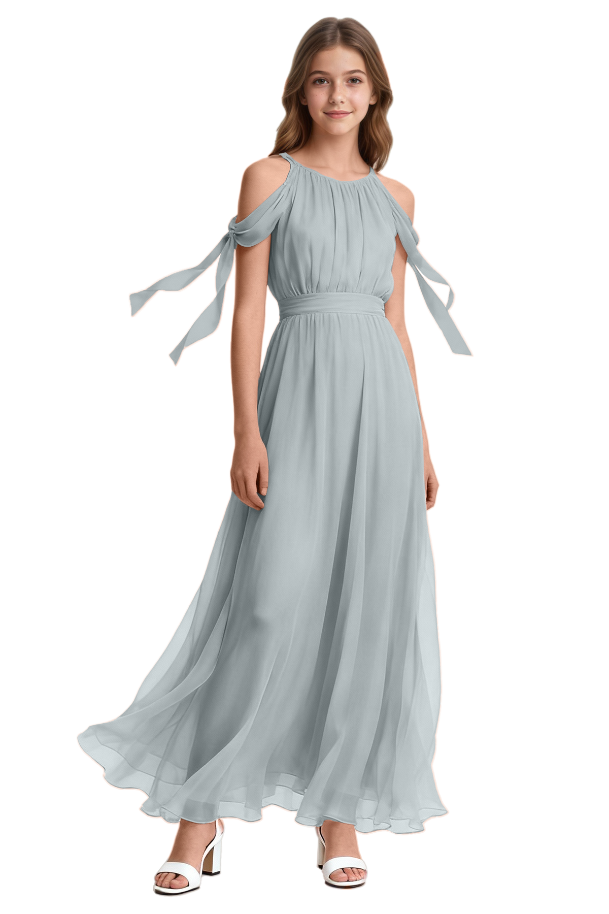 Pink Chiffon Halter Cold Shoulder Floating Ribbon Tie Dress