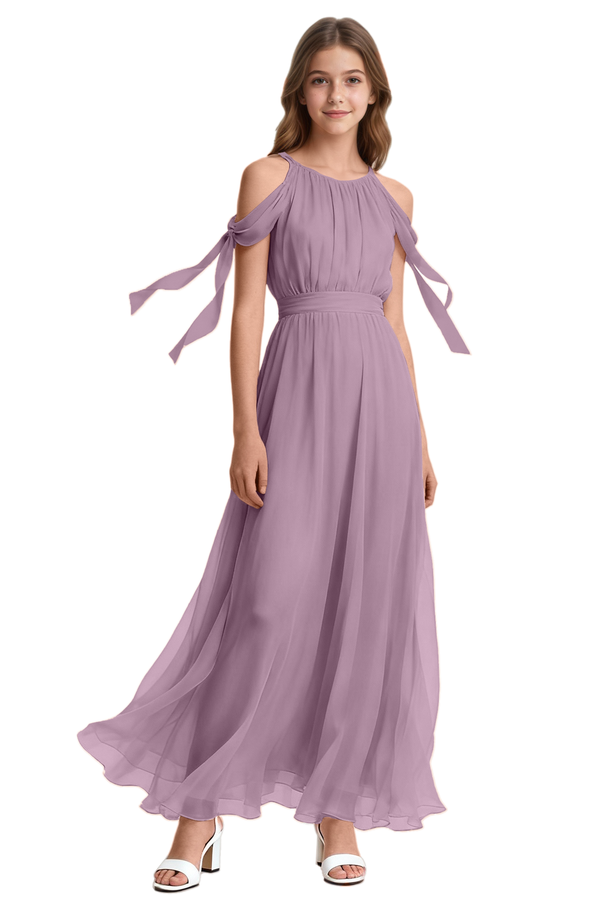 Pink Chiffon Halter Cold Shoulder Floating Ribbon Tie Dress