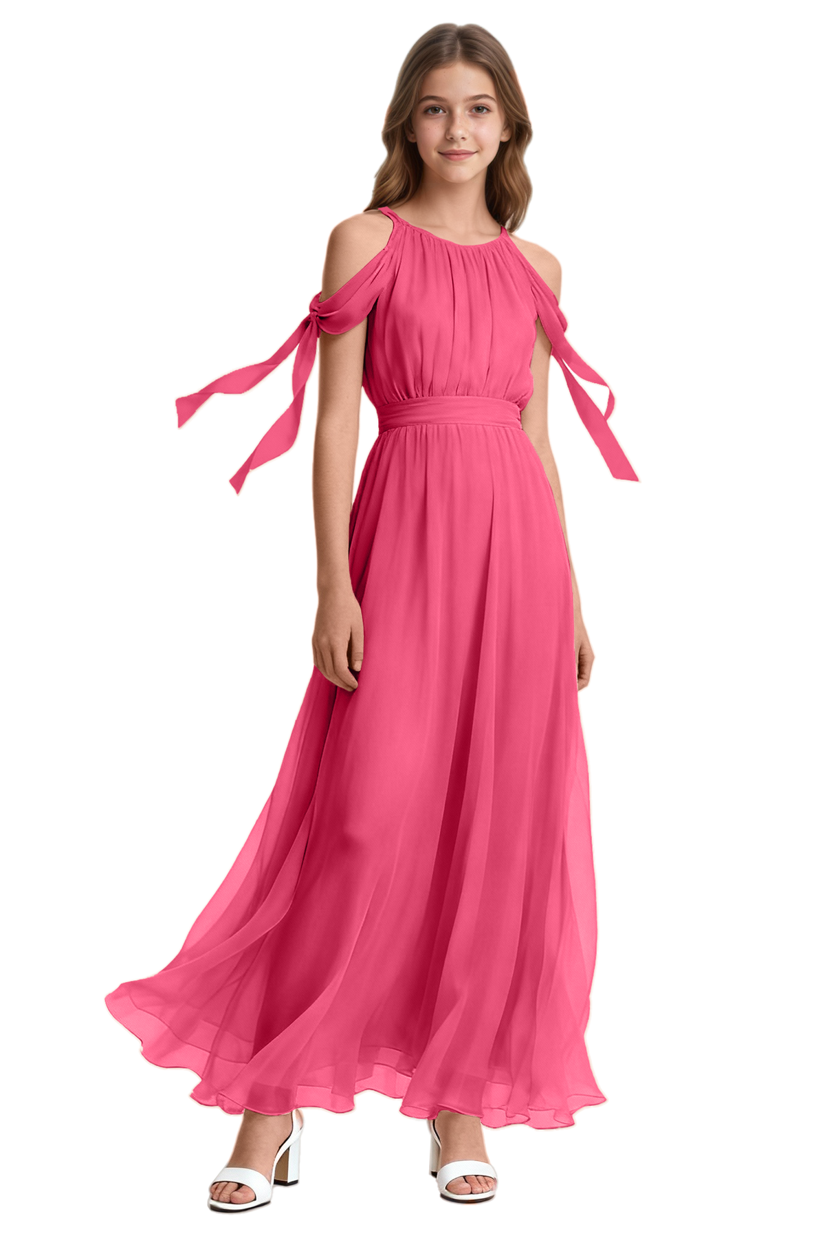 Pink Chiffon Halter Cold Shoulder Floating Ribbon Tie Dress