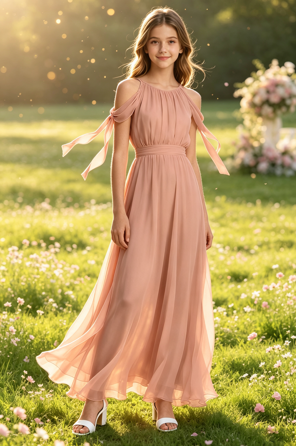 Pink Chiffon Halter Cold Shoulder Floating Ribbon Tie Dress