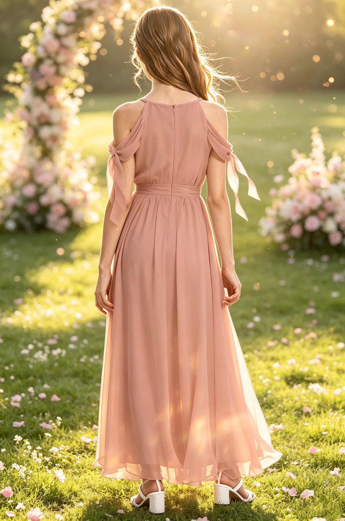 Pink Chiffon Halter Cold Shoulder Floating Ribbon Tie Dress