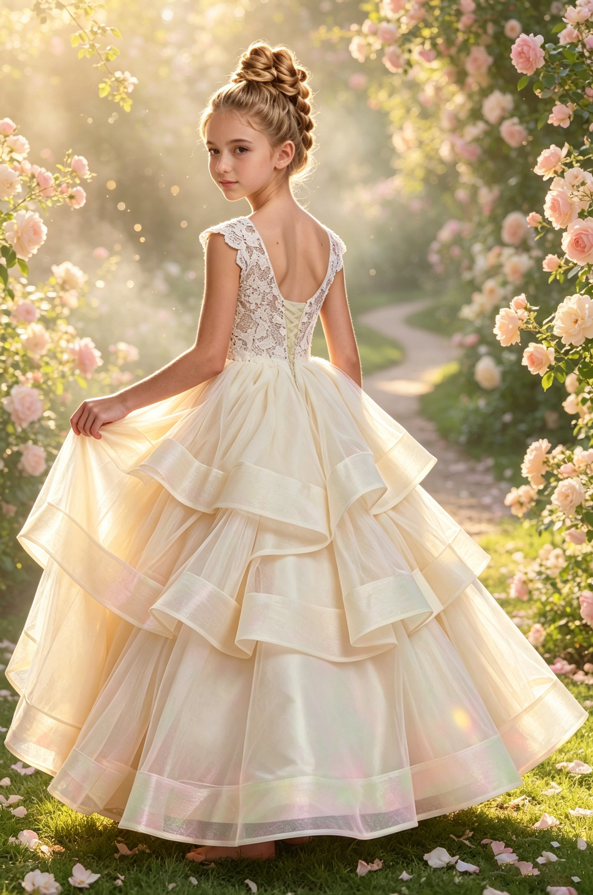 Champagne Heavy Floral Lace Sleeveless Tiered Ruffle Tulle A-Line Dress