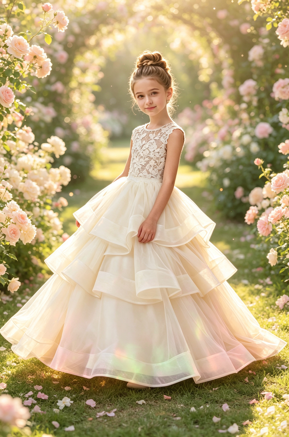 Champagne Heavy Floral Lace Sleeveless Tiered Ruffle Tulle A-Line Dress
