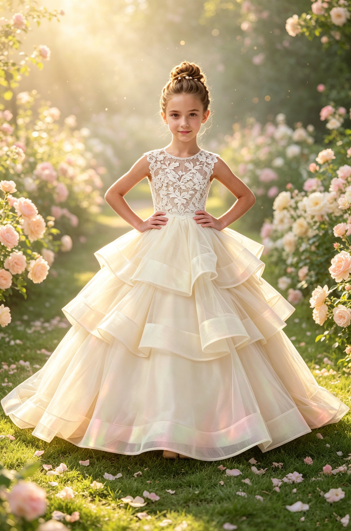 Champagne Heavy Floral Lace Sleeveless Tiered Ruffle Tulle A-Line Dress