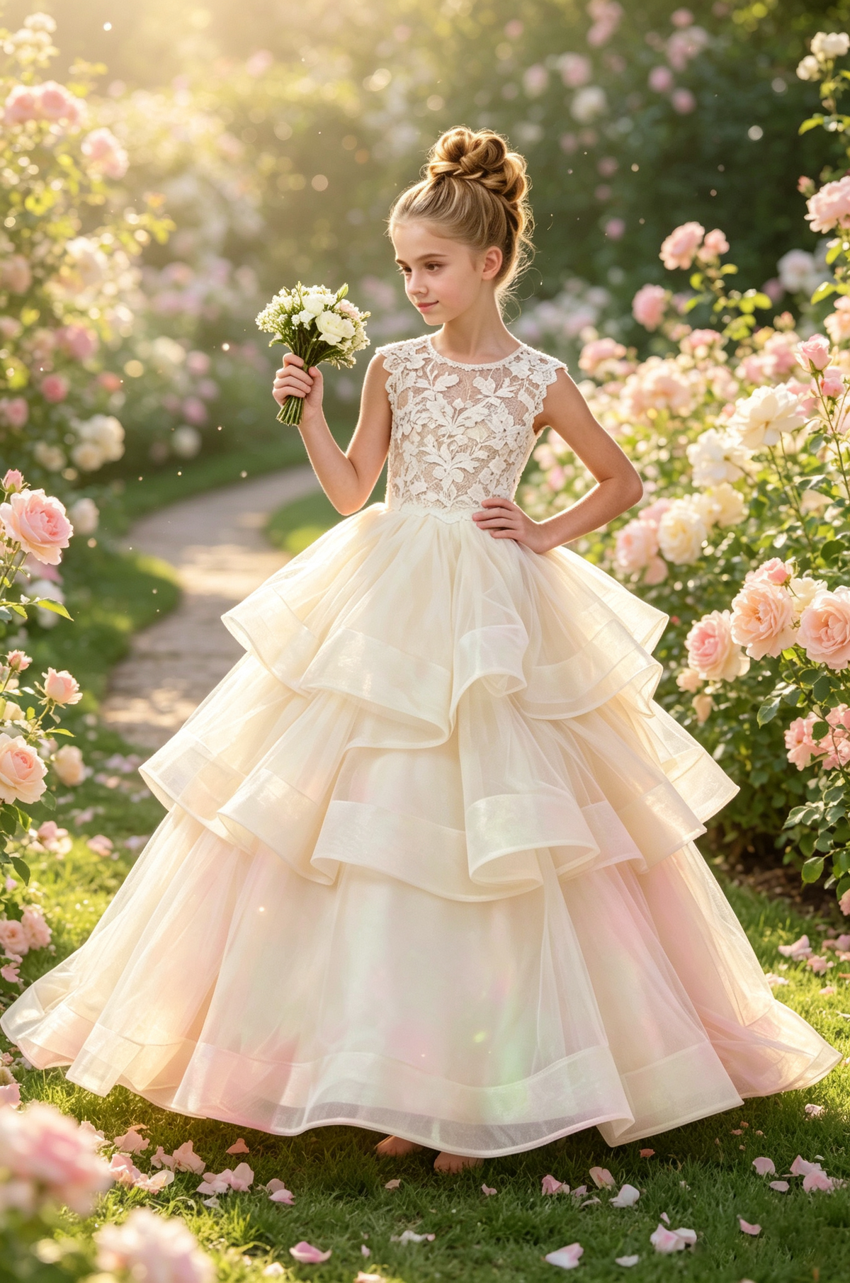 Champagne Heavy Floral Lace Sleeveless Tiered Ruffle Tulle A-Line Dress