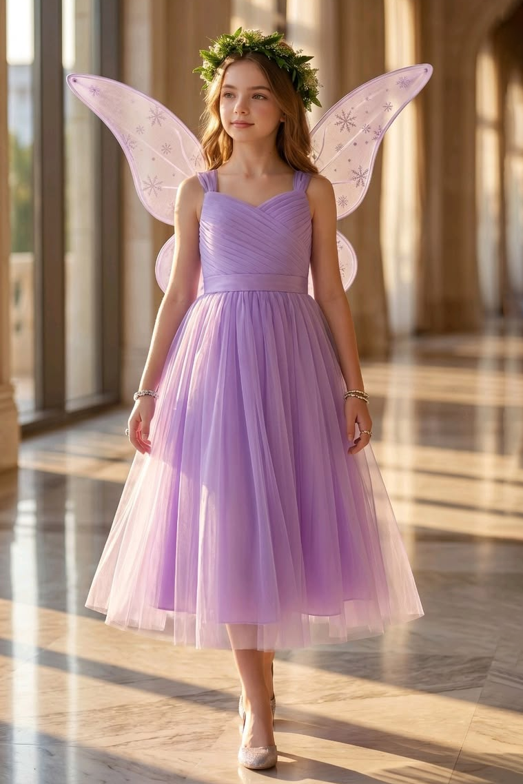 Lavender Ruched Spaghetti Strap Layered Tulle A-Line Midi Dress