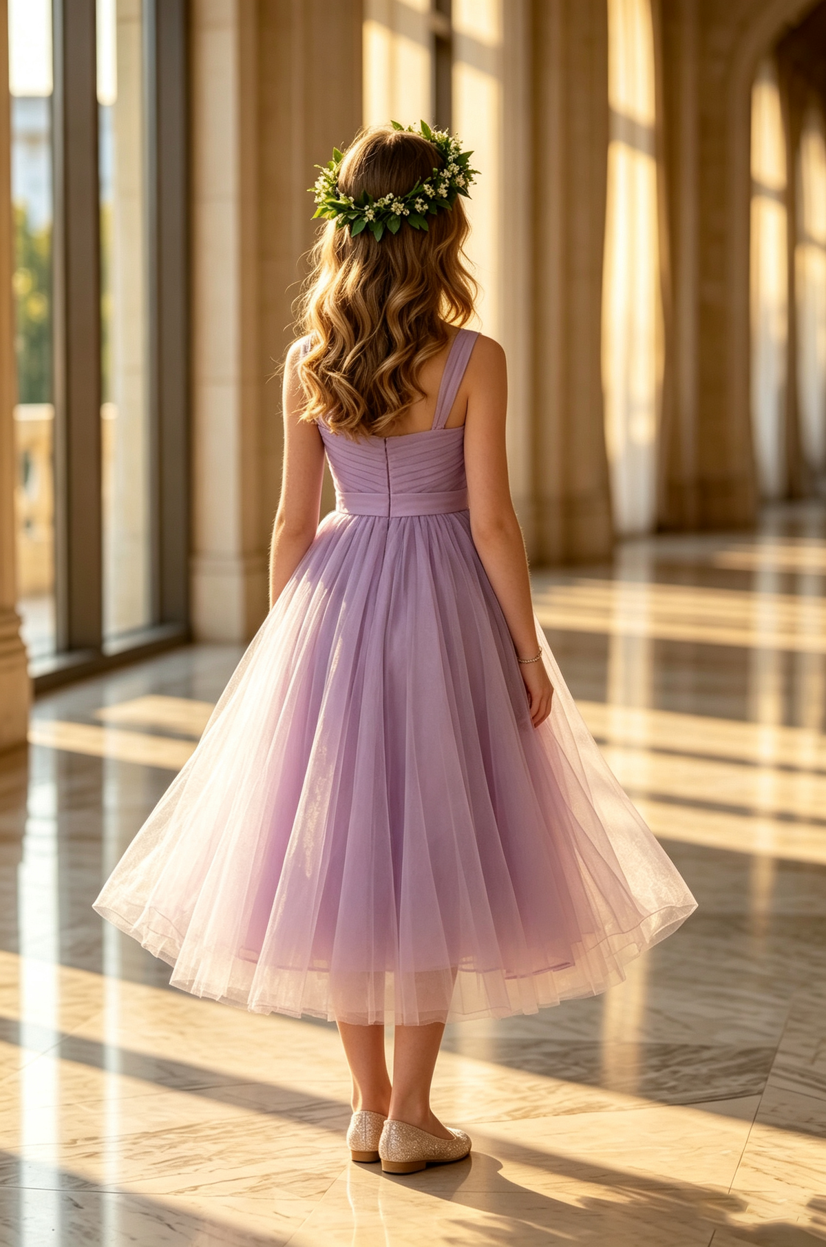 Lavender Ruched Spaghetti Strap Layered Tulle A-Line Midi Dress