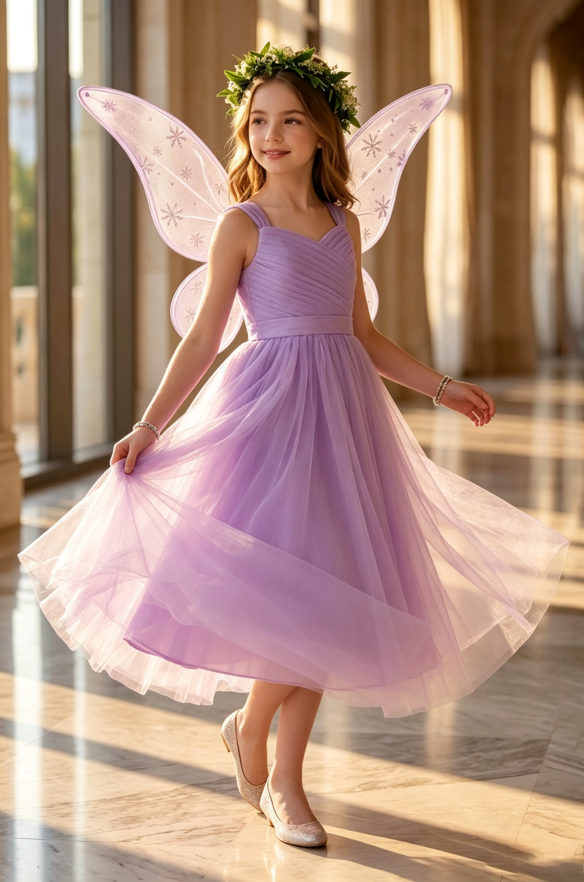 Lavender Ruched Spaghetti Strap Layered Tulle A-Line Midi Dress