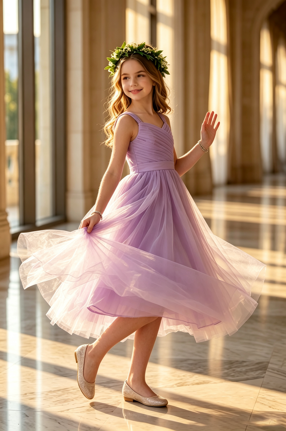 Lavender Ruched Spaghetti Strap Layered Tulle A-Line Midi Dress