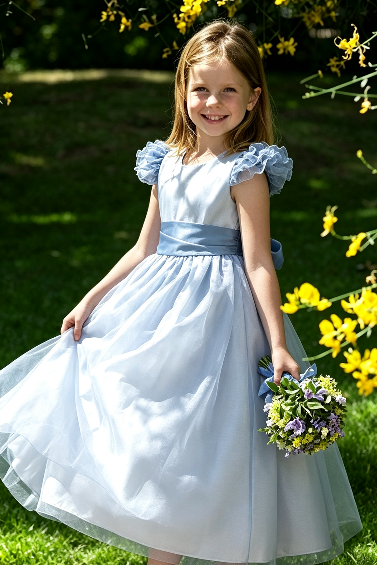 Dusty Blue Satin Ruffle Cap Sleeve Big Back Bow Layered Tulle A-Line Dress