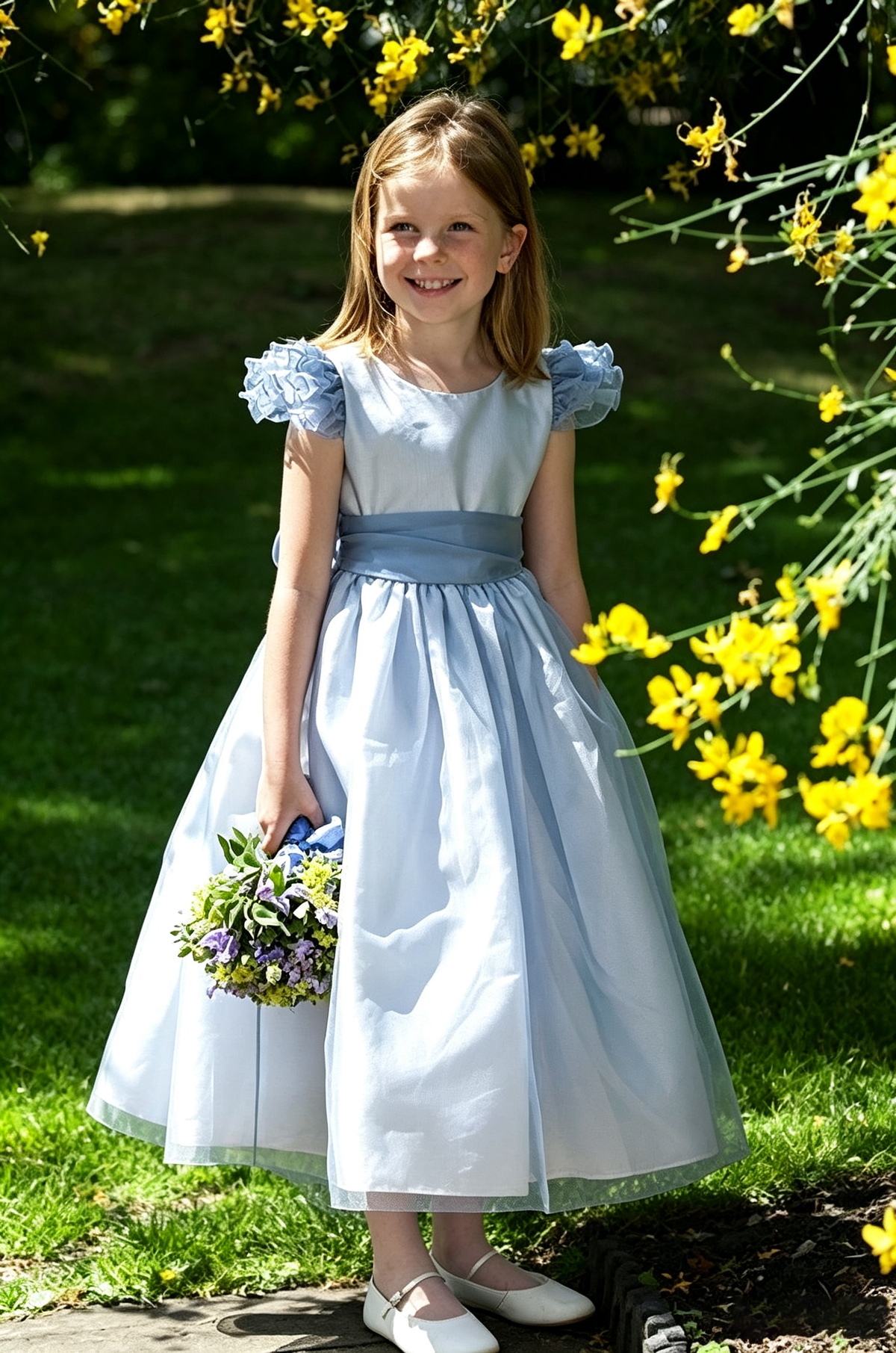 Dusty Blue Satin Ruffle Cap Sleeve Big Back Bow Layered Tulle A-Line Dress