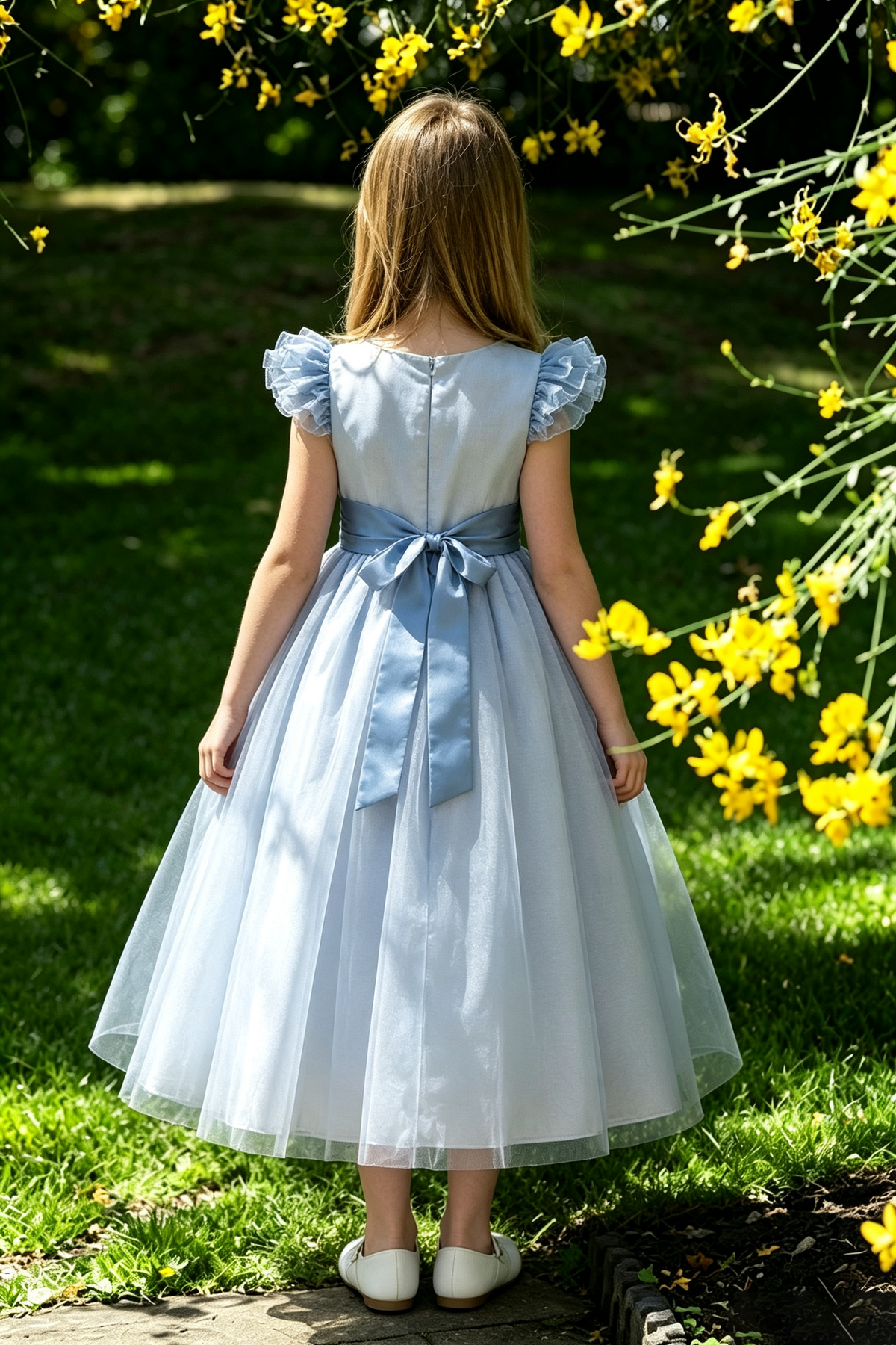 Dusty Blue Satin Ruffle Cap Sleeve Big Back Bow Layered Tulle A-Line Dress