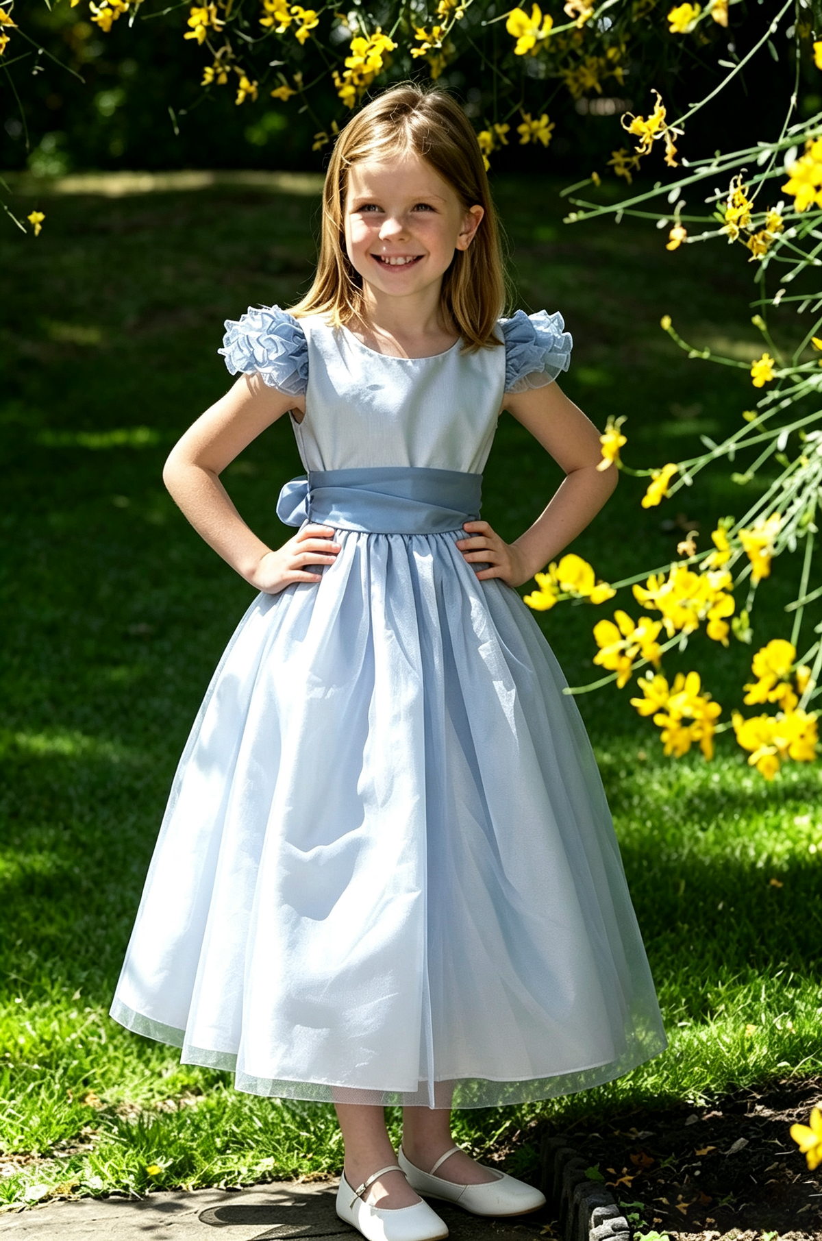 Dusty Blue Satin Ruffle Cap Sleeve Big Back Bow Layered Tulle A-Line Dress
