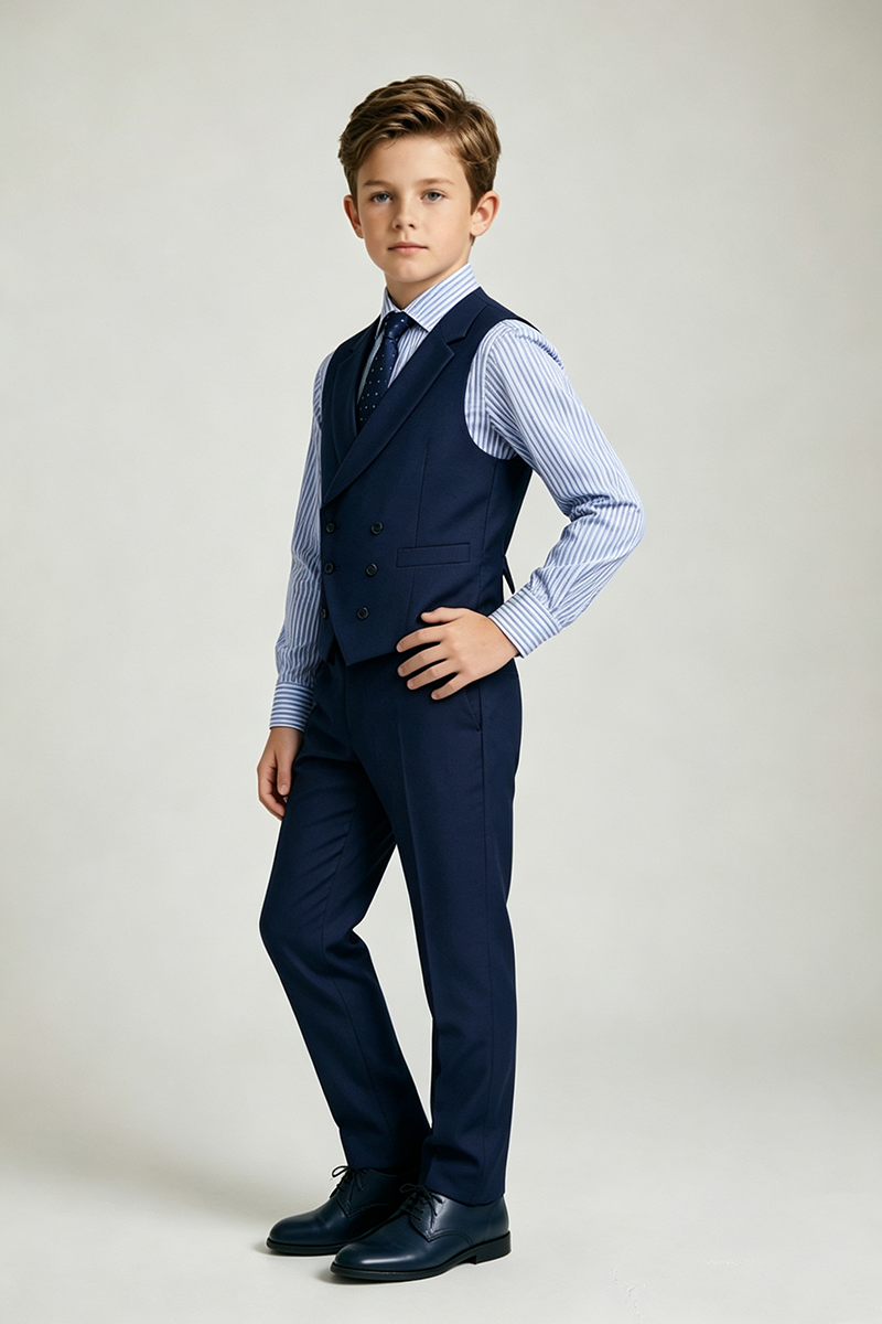 Boys Navy Double Breasted Waistcoat & Trousers 2-Piece Suit Two-Piece Suit for Wedding