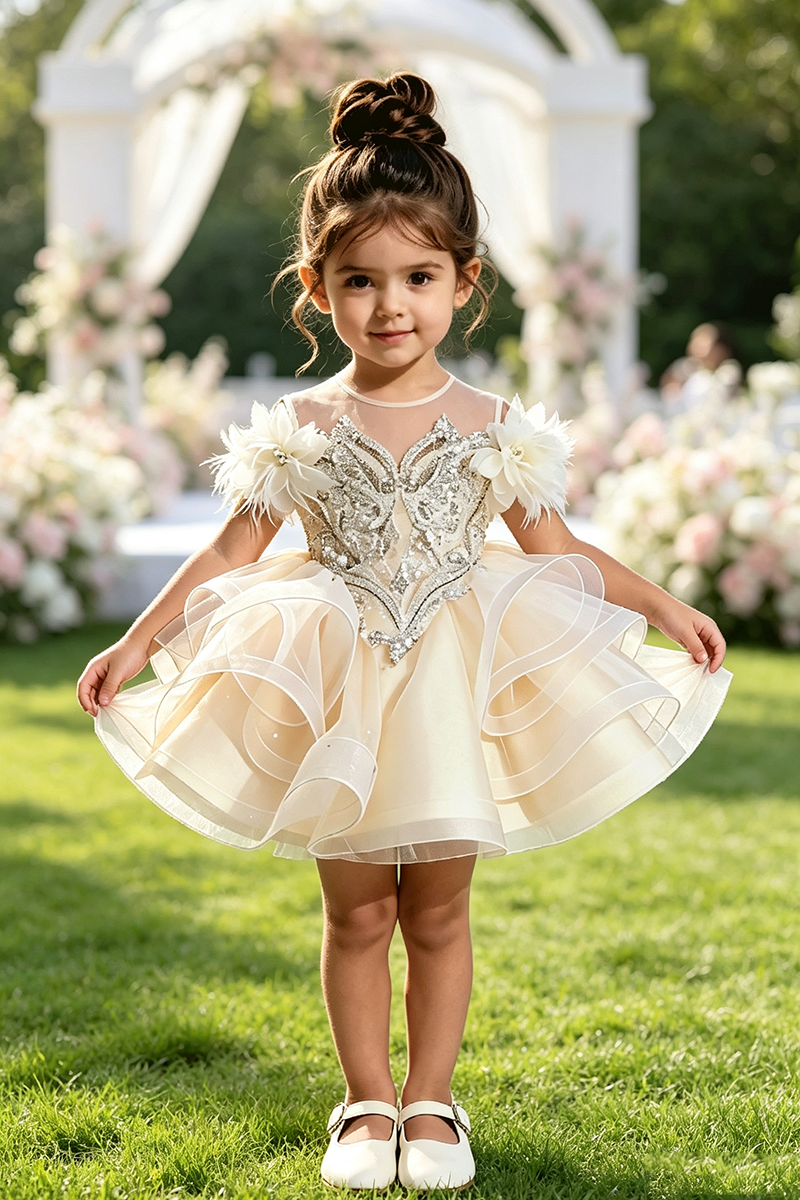 Girls Ivory Ruffled Tulle Flower Girl Dress for Wedding With Rhinestone Embroidery