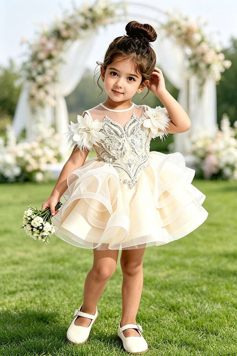 Girls Ivory Ruffled Tulle Flower Girl Dress for Wedding With Rhinestone Embroidery