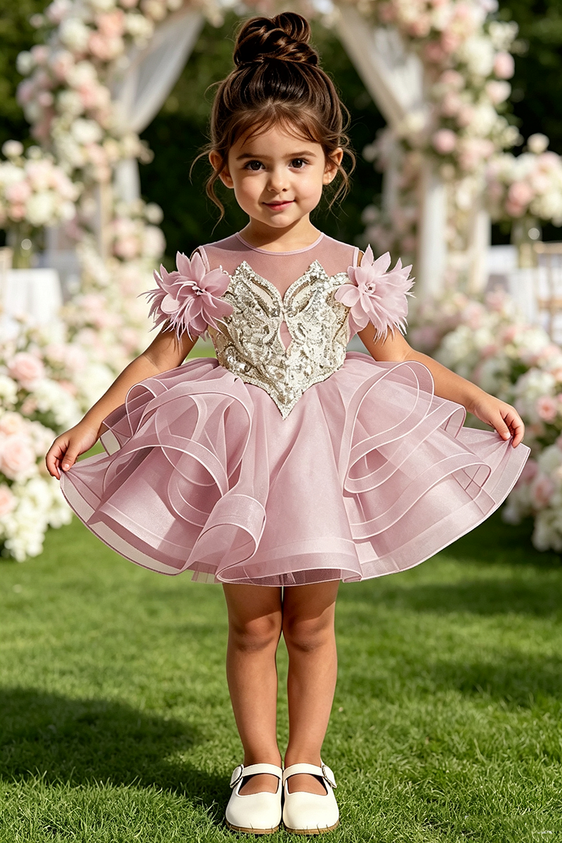 Girls Ivory Ruffled Tulle Flower Girl Dress for Wedding With Rhinestone Embroidery