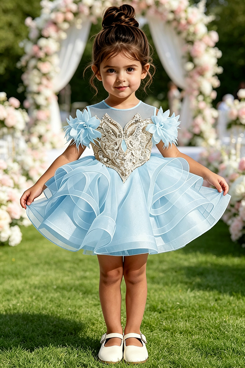 Girls Ivory Ruffled Tulle Flower Girl Dress for Wedding With Rhinestone Embroidery
