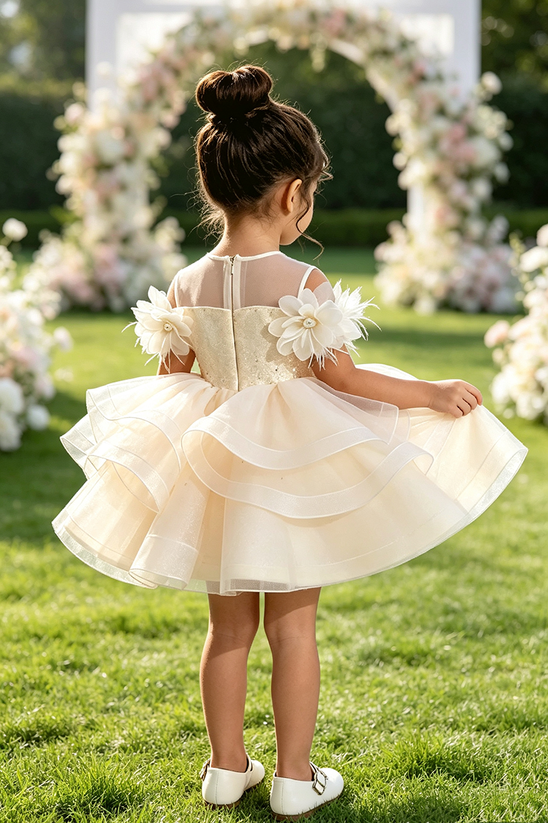 Girls Ivory Ruffled Tulle Flower Girl Dress for Wedding With Rhinestone Embroidery