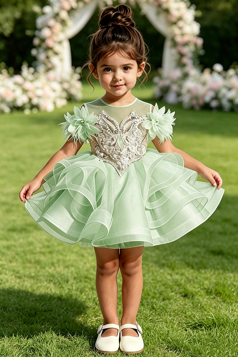 Girls Ivory Ruffled Tulle Flower Girl Dress for Wedding With Rhinestone Embroidery