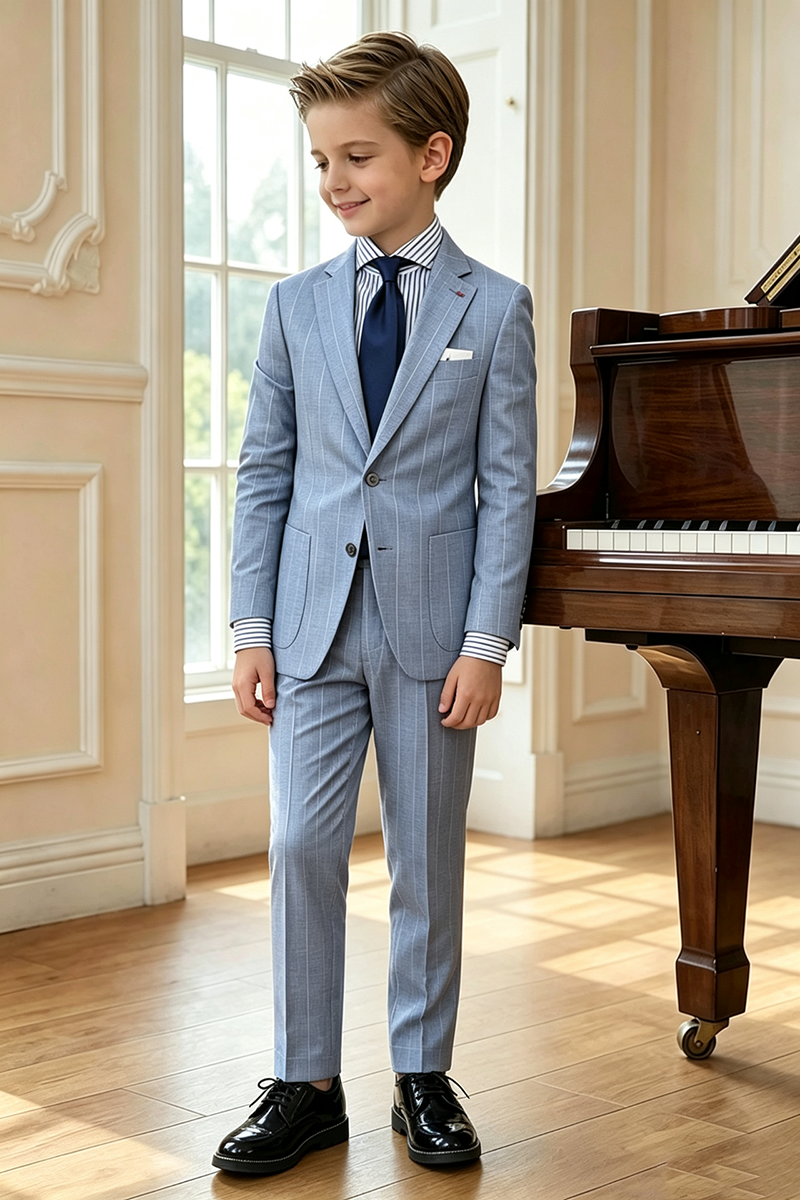 Boys Light Blue Pinstripe Notch LapelTrousers 2-Piece Suit for Wedding