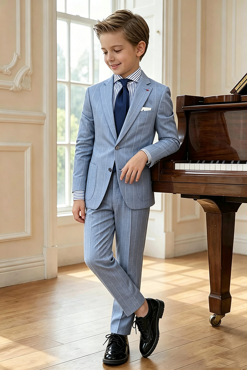 Boys Light Blue Pinstripe Notch LapelTrousers 2-Piece Suit for Wedding