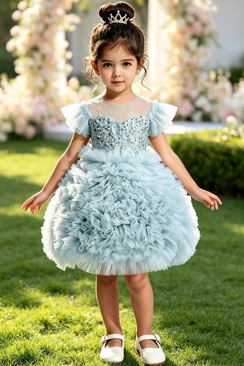 Girls Dusty Pink Ruffle Tulle Flower Girl Dress for Wedding With Sequin Bodice
