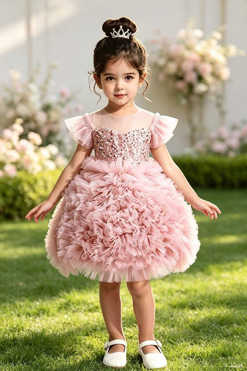 Girls Dusty Pink Ruffle Tulle Flower Girl Dress for Wedding With Sequin Bodice
