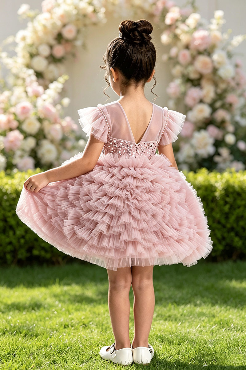 Girls Dusty Pink Ruffle Tulle Flower Girl Dress for Wedding With Sequin Bodice