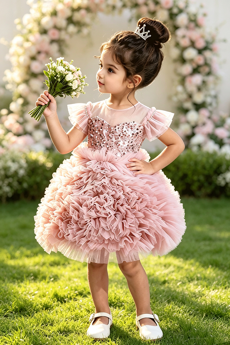Girls Dusty Pink Ruffle Tulle Flower Girl Dress for Wedding With Sequin Bodice