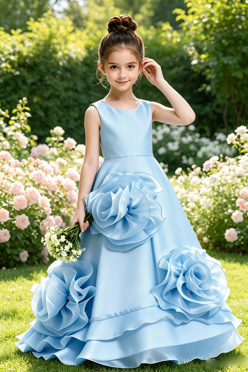 Girls Sky Blue Satin Flower Girl Gown for Weddings with 3D Floral Appliques & Back Bow