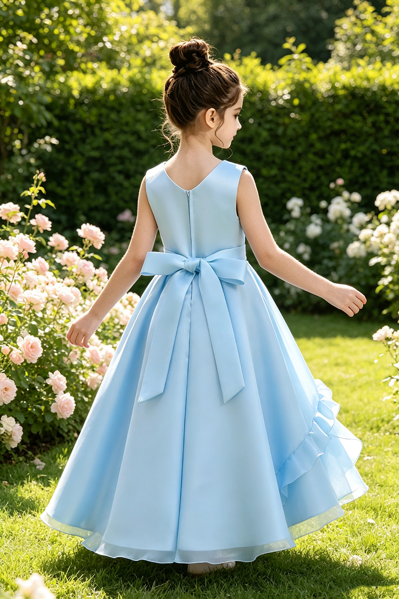 Girls Sky Blue Satin Flower Girl Gown for Weddings with 3D Floral Appliques & Back Bow