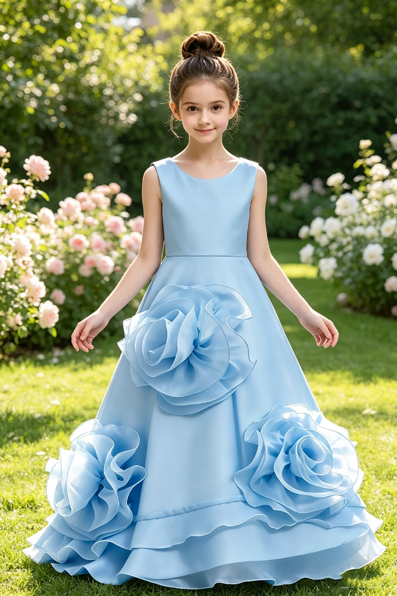 Girls Sky Blue Satin Flower Girl Gown for Weddings with 3D Floral Appliques & Back Bow