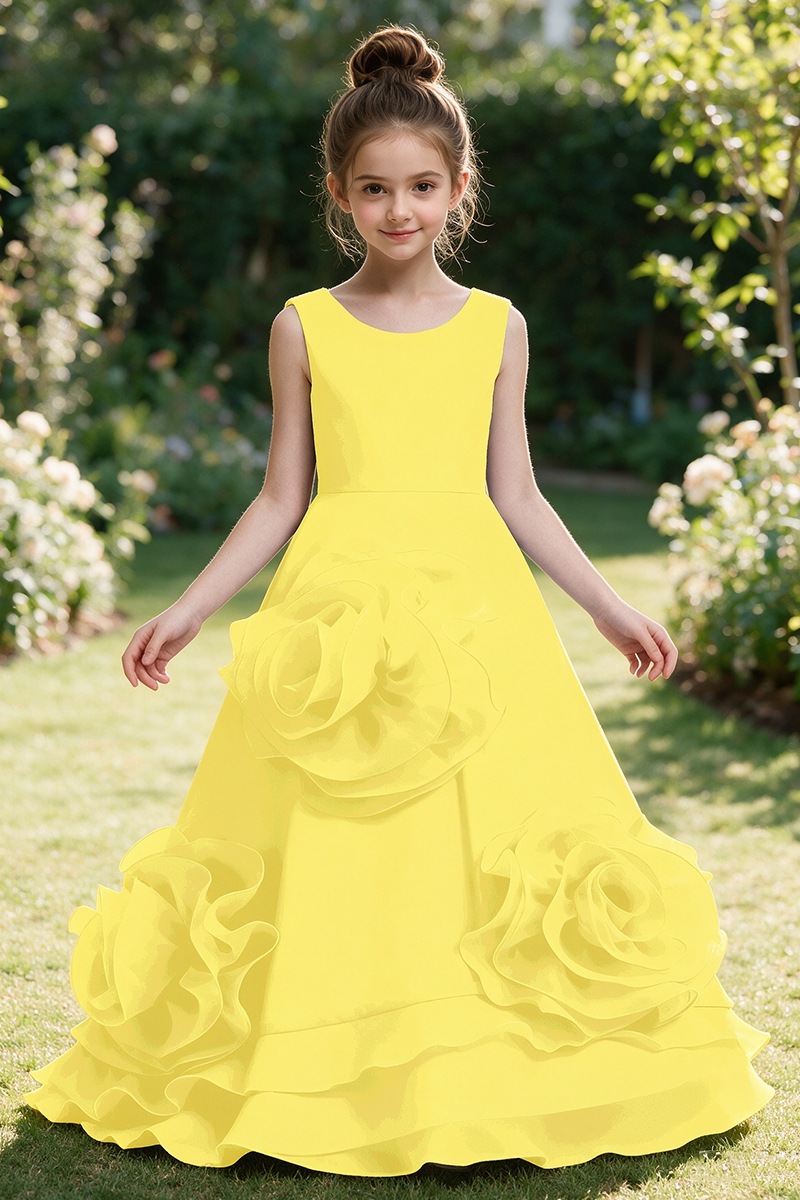 Girls Sky Blue Satin Flower Girl Gown for Weddings with 3D Floral Appliques & Back Bow