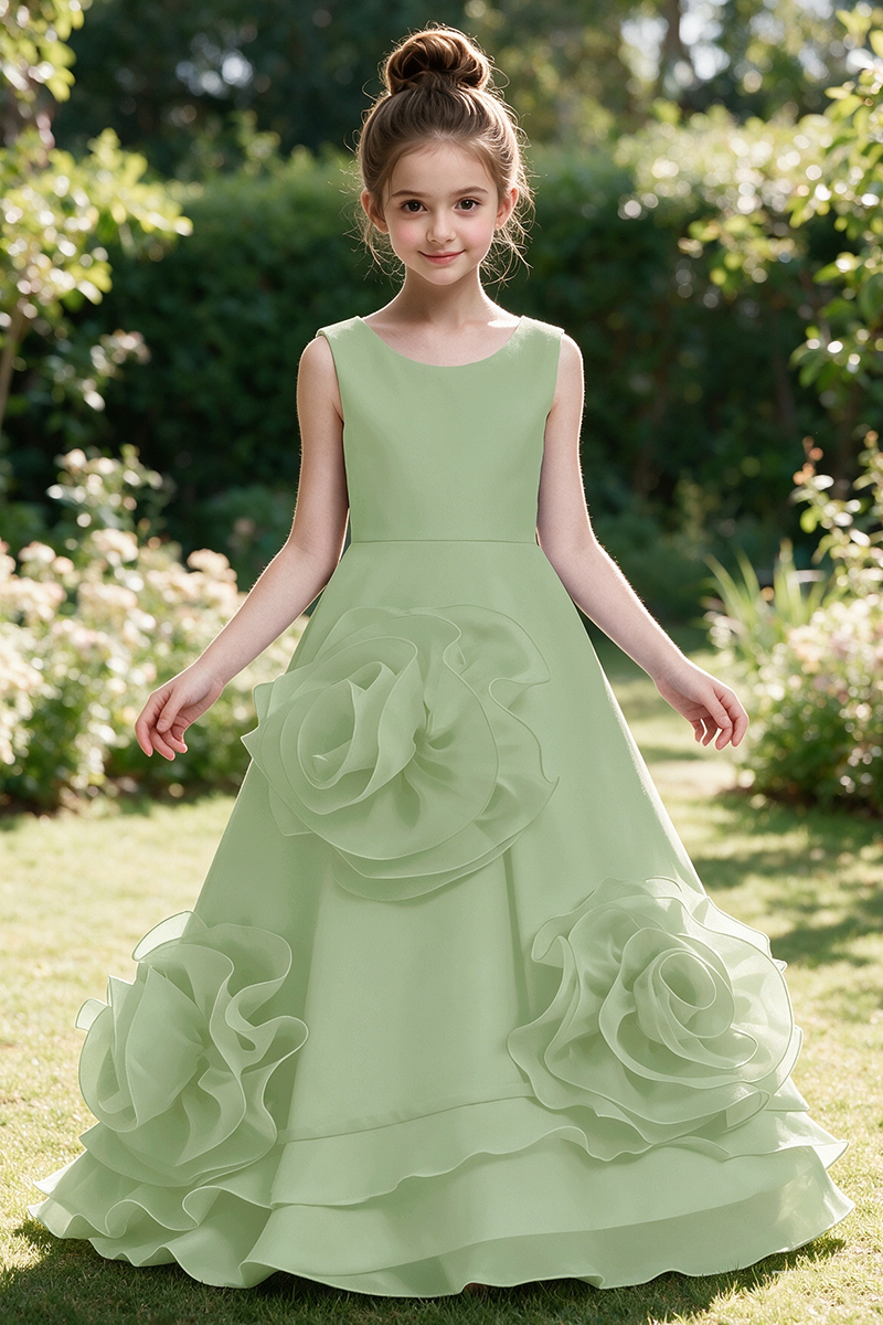 Girls Sky Blue Satin Flower Girl Gown for Weddings with 3D Floral Appliques & Back Bow