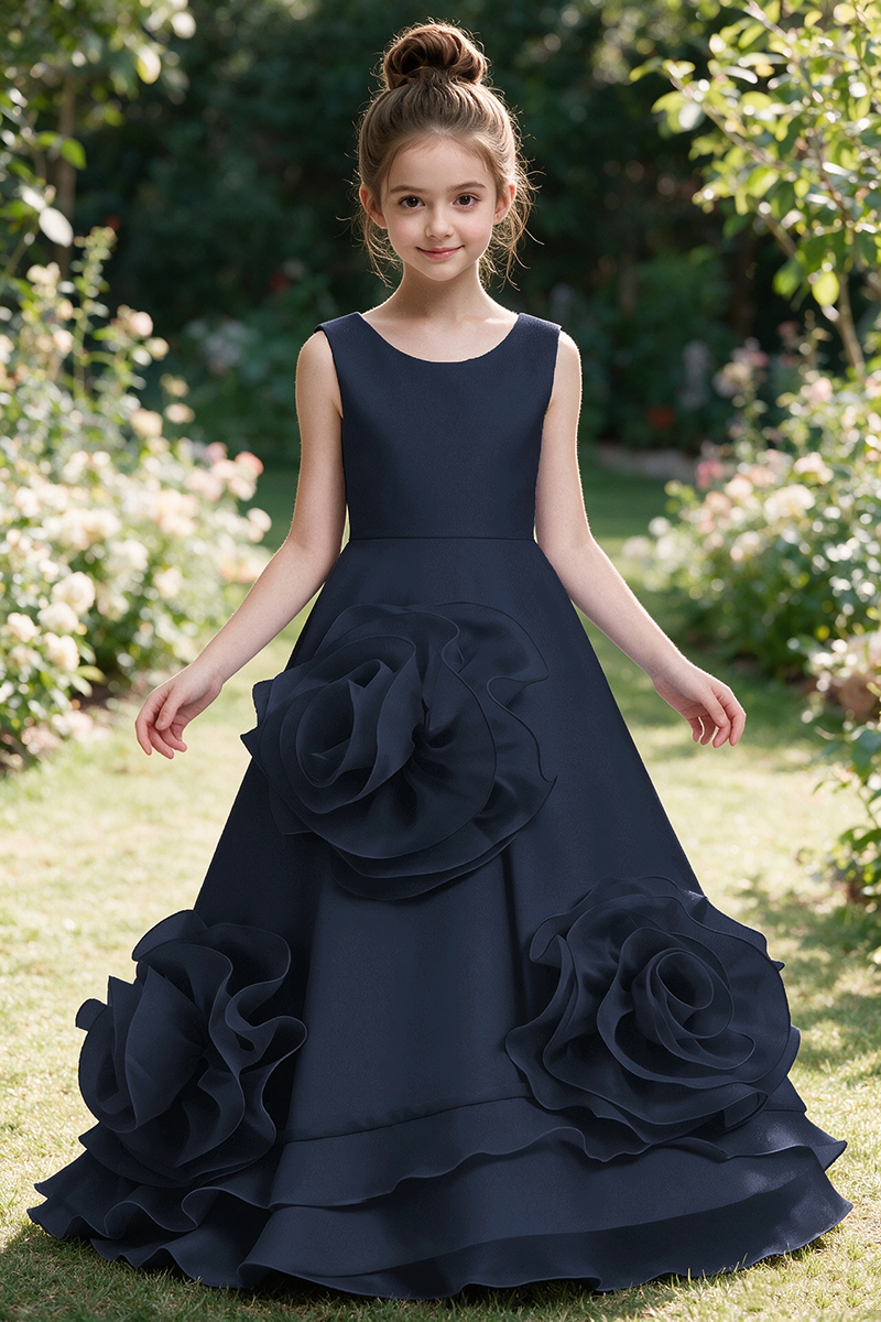 Girls Sky Blue Satin Flower Girl Gown for Weddings with 3D Floral Appliques & Back Bow