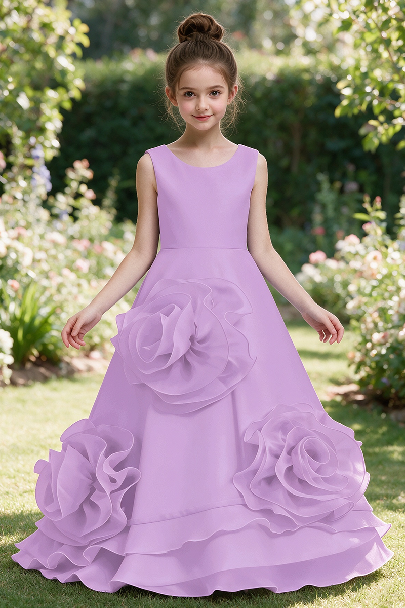 Girls Sky Blue Satin Flower Girl Gown for Weddings with 3D Floral Appliques & Back Bow