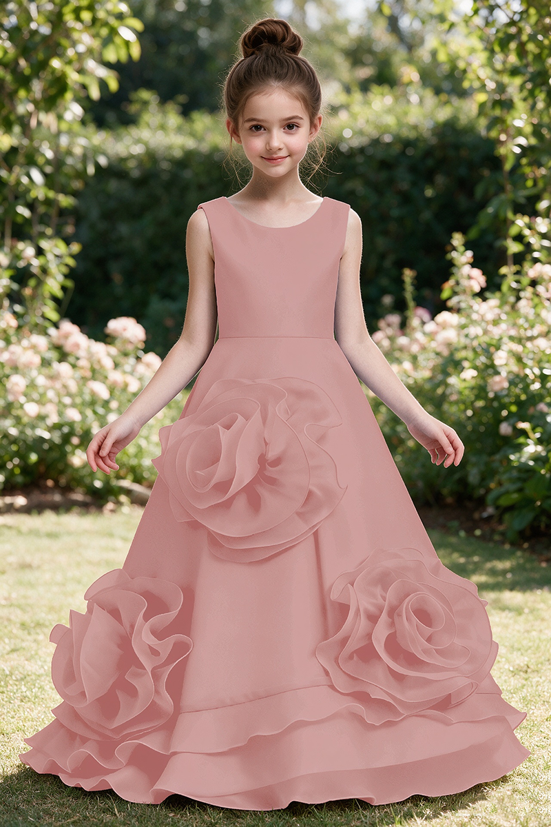 Girls Sky Blue Satin Flower Girl Gown for Weddings with 3D Floral Appliques & Back Bow