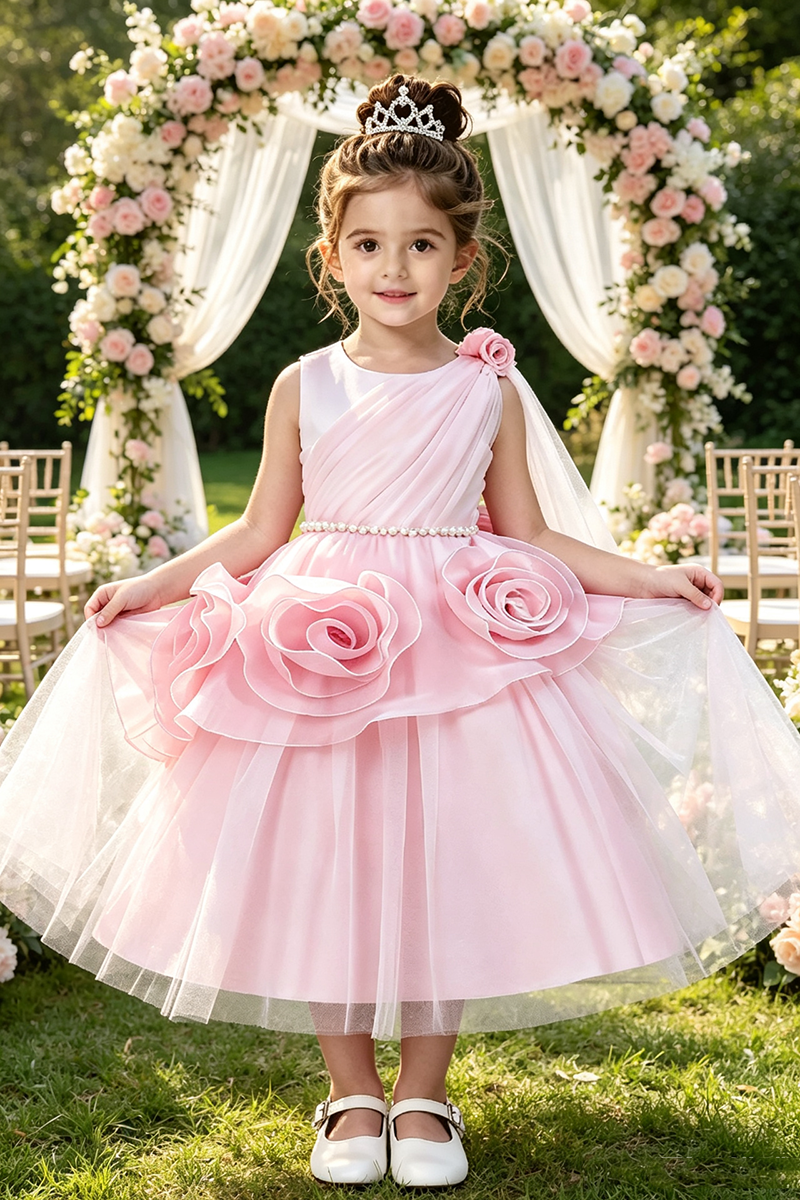 Girls Pink Satin Tulle Flower Girl Gown for Weddings with 3D Floral Accents and Pearl Waist Trim