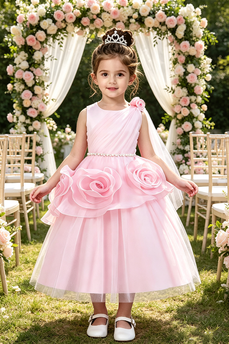 Girls Pink Satin Tulle Flower Girl Gown for Weddings with 3D Floral Accents and Pearl Waist Trim